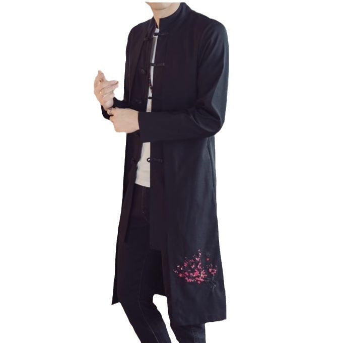 Chinese Style Men's Mid-length Cotton Linen Trench Coat Jacket Embroidered Coat