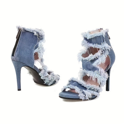Women's Denim Cut-Out Stiletto Heels - Peep Toe High Heel Party Sandals with Back Zipper