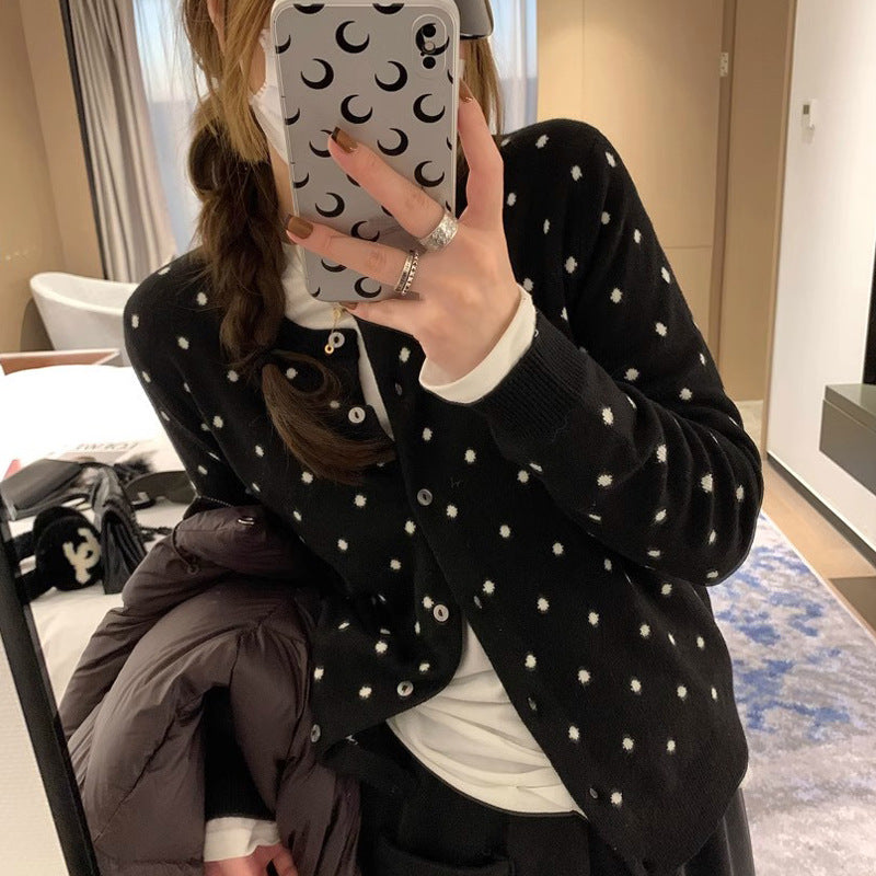 Women's Korean-style Gray Dot Knitted Cardigan Autumn Long-sleeved Top