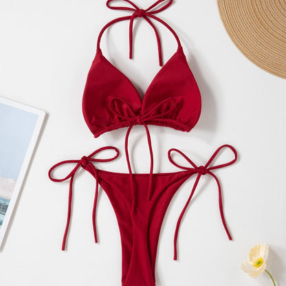 Solid Color Sexy Lace-up Hot Girl Temperament Women's Bikini Swimsuit
