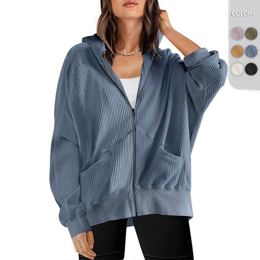 Waffle-knit Cardigan With Zipper Relaxed-fit Women's Hoodie
