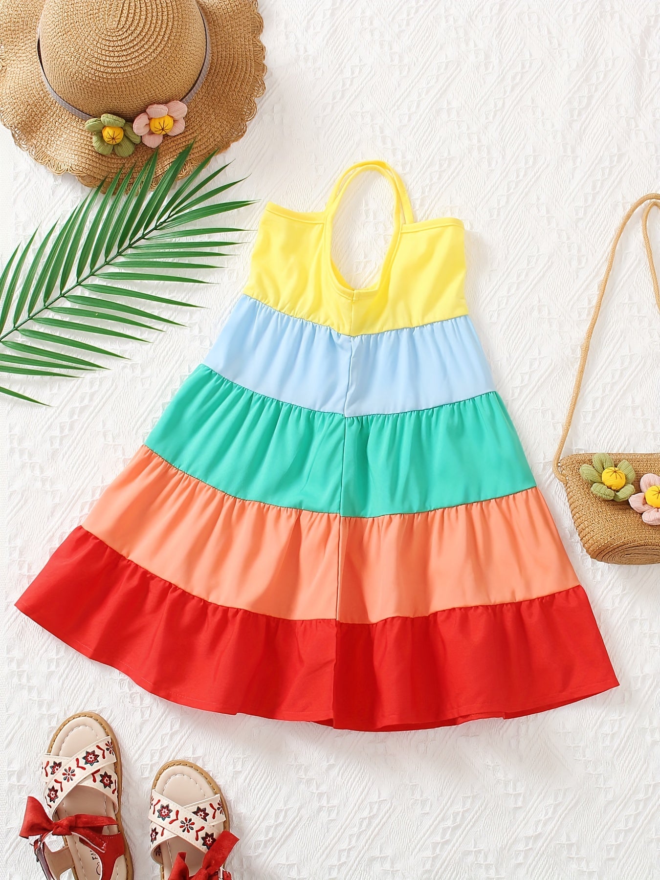 Girls' Spaghetti Strap Color-Blocked Rainbow Cake Dress - Perfect for Outdoor Occasions.