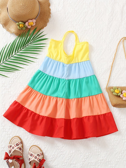 Girls' Spaghetti Strap Color-Blocked Rainbow Cake Dress - Perfect for Outdoor Occasions.