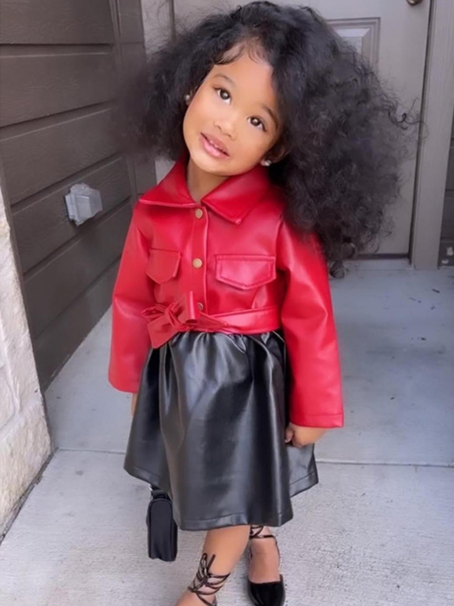 Vibrant Color Block PU Leather Dress for Girls - Stylish Button Lapel Design, Adjustable Belt, and Comfortable Fit for Kids' Everyday Wear