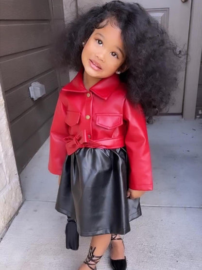 Vibrant Color Block PU Leather Dress for Girls - Stylish Button Lapel Design, Adjustable Belt, and Comfortable Fit for Kids' Everyday Wear