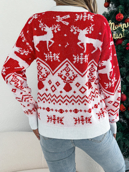 Women Casual Deer Pattern Long Sleeve Pullover Sweater Christmas Edition