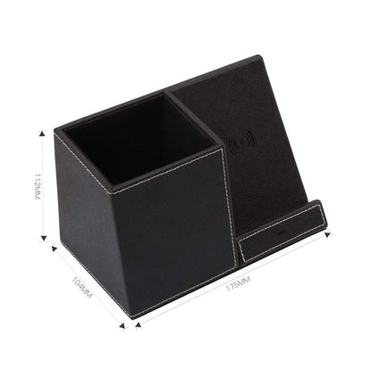 Leder-Stifthalter, kabelloses Ladegerät, kabelloses Handy-Ladegerät und Stifthalter, Schnellladefunktion für Handys