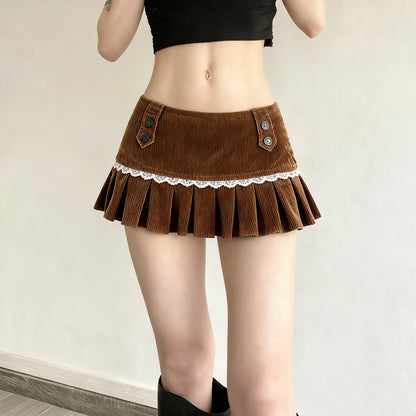 Pastoral-style Delicate Floral Lace-patched Corduroy Skirt For Sweet Girls