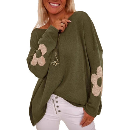 Graceful Floral Jacquard-knit Loose-fitting Crew-neck Pullover