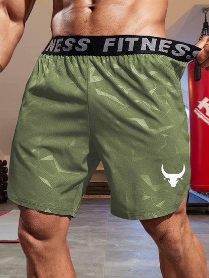 Men's "S's FINE" Athletic Shorts - Gray, Quick-Dry Polyester with Geometric Pattern, Elastic Waistband, Ideal for Running & Workouts, Machine Washable