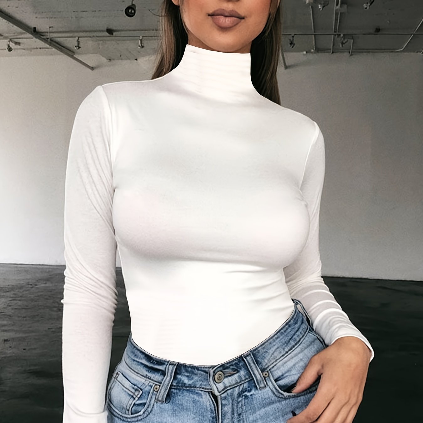 Women's Basic Solid Stretchy Long Sleeve Turtle Neck T-Shirt - Casual Everyday Top for Comfort and Style