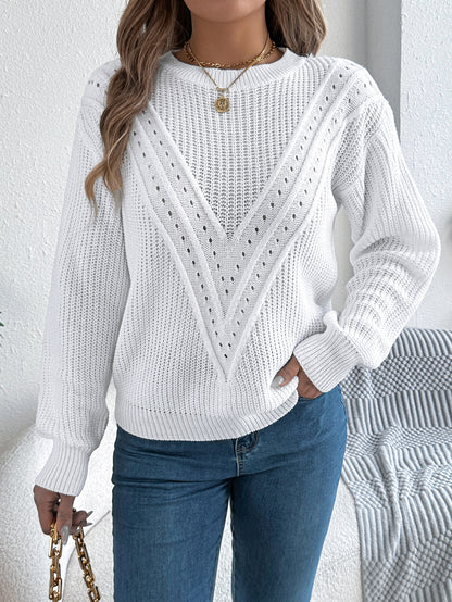 Women Casual Solid Color V-Neck Hollow Out Lantern Sleeve Pullover Sweater