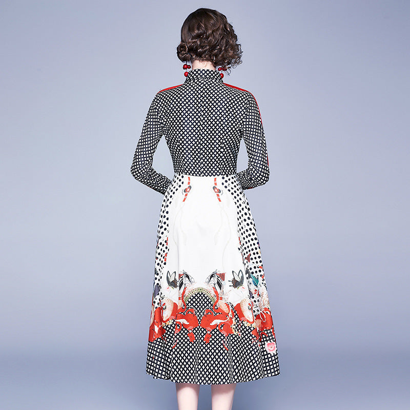 Fashion Printed Long-sleeved Waist Waist Mid-length Western-style Dress