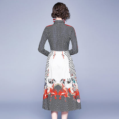 Fashion Printed Long-sleeved Waist Waist Mid-length Western-style Dress
