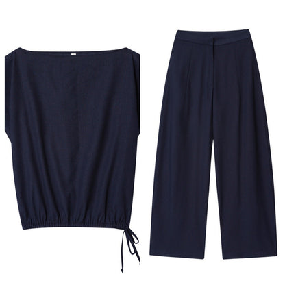 Foreign Trade Wholesale Off-neck Flounced Sleeve Linen Shirt Top Wide Leg Trousers