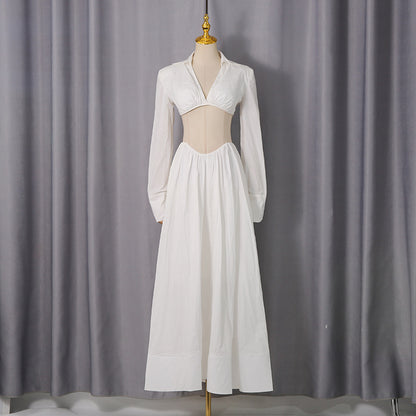 White Cutout Shirt Collar Two-Piece Set - Long Sleeve Crop Top & High-Waisted Maxi Skirt
