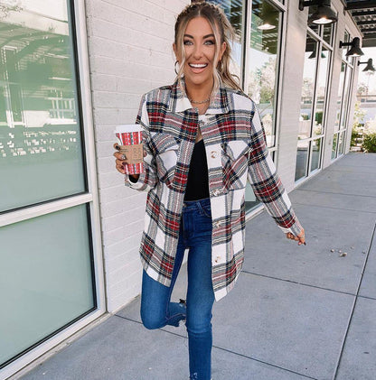 Long Sleeve Loose Women Plaid Coat