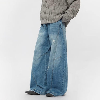 Ripped Denim Jeans Loose Straight-leg Design Couples Wide-leg Style American High-street Pants With A Cool Edgy Vibe
