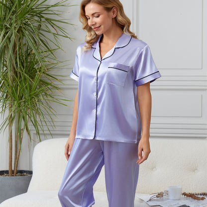 Summer Minimalist Casual Faux-silk Short-sleeve Shirt And Trousers