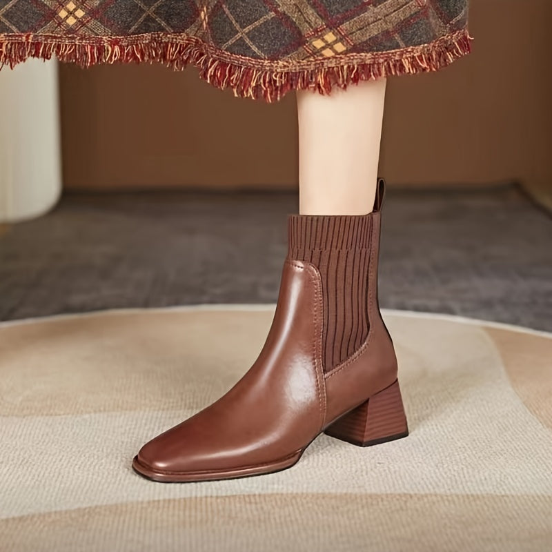 Women's Square Toe Mid-Calf Boots - Chunky Heel Slip-On Comfort Boots