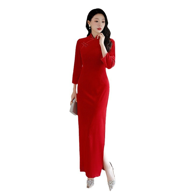 Long-sleeved Red Outfit For Annual Company Parties Show Cheongsam