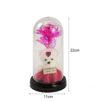 Rose Bear Preserved Fresh Flower Glass Cover Valentine's Day LED Light Decoration Gift