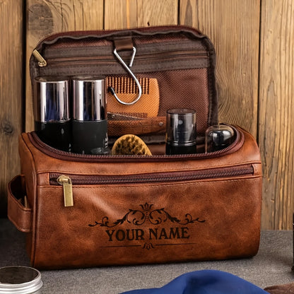 1pc Custom Engraved Men’s Toiletry Bag - Personalized Synthetic Leather Travel Organizer with Zipper Closure, Top Handle Strap & Wet Wipes Cleaning - Brown, Perfect for Birthdays, Anniversaries & Christmas Gifts, Toiletry T