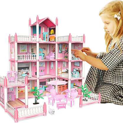 Pink Dollhouse for Girls - 11 Room DIY Pretend Play Toy House with Furniture