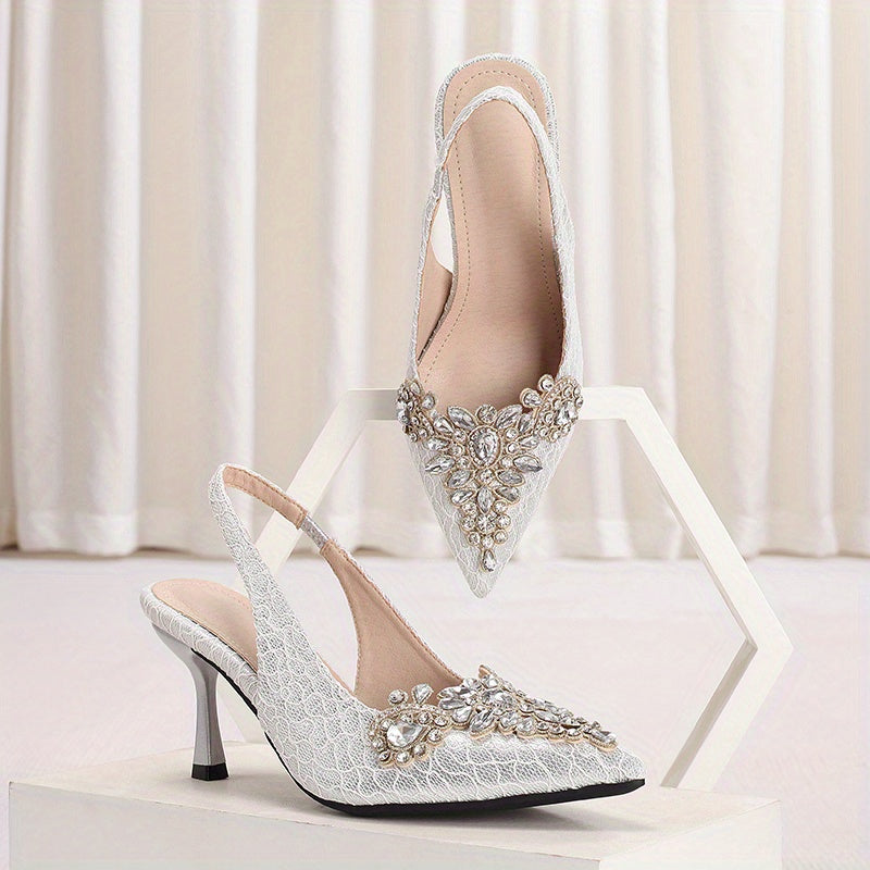 Rhinestone Stiletto Heels - Glamorous Pointed Toe Pumps with Ankle Straps