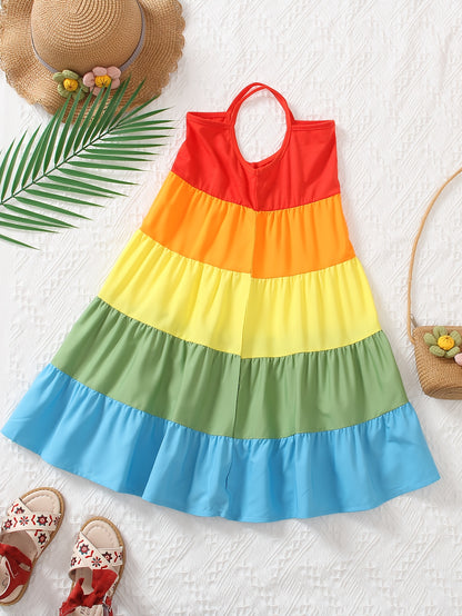 Girls' Spaghetti Strap Color-Blocked Rainbow Cake Dress - Perfect for Outdoor Occasions.