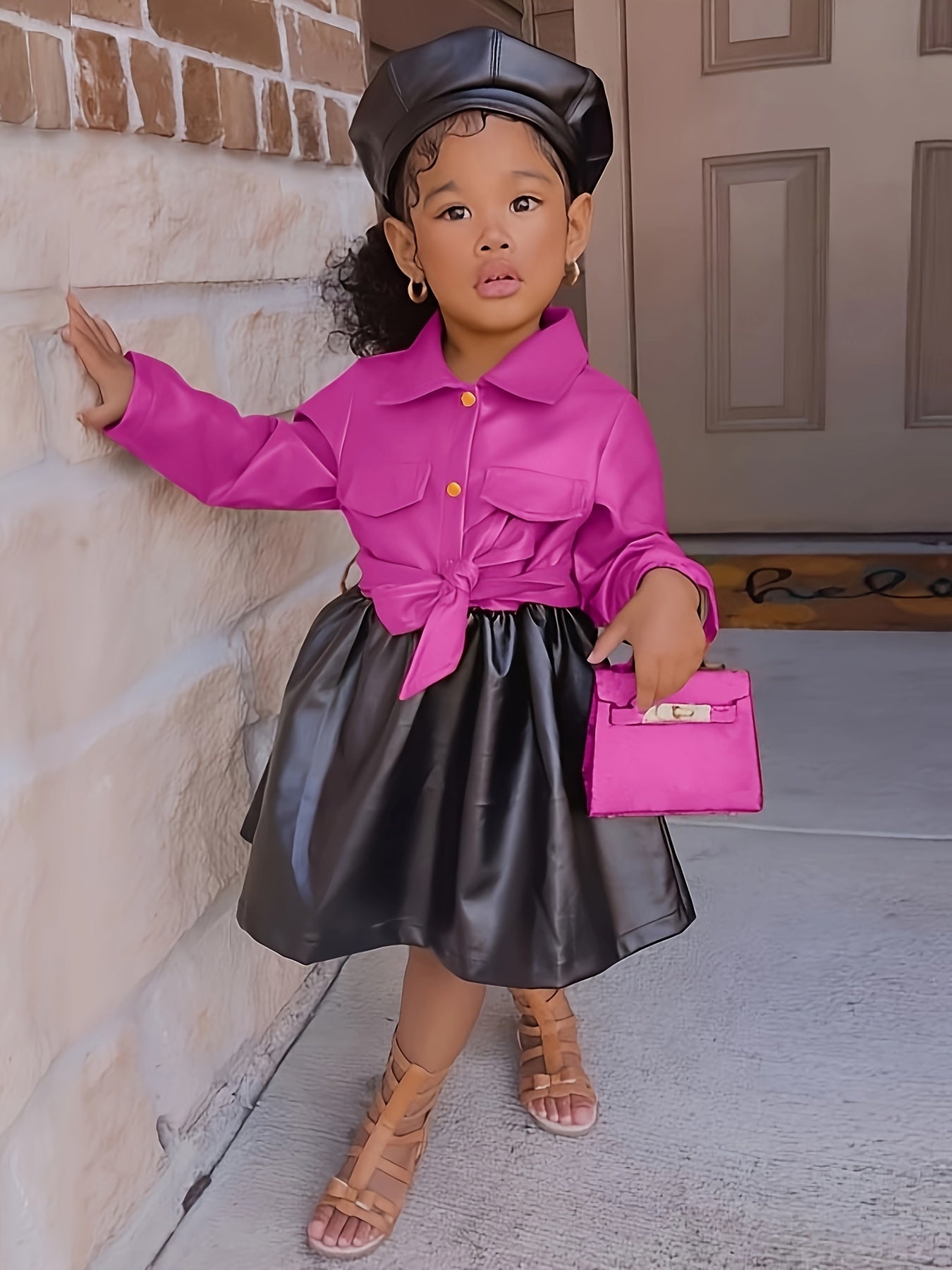 Vibrant Color Block PU Leather Dress for Girls - Stylish Button Lapel Design, Adjustable Belt, and Comfortable Fit for Kids' Everyday Wear