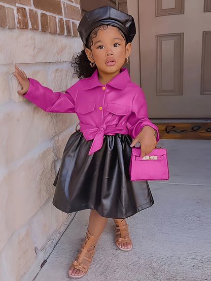 Vibrant Color Block PU Leather Dress for Girls - Stylish Button Lapel Design, Adjustable Belt, and Comfortable Fit for Kids' Everyday Wear