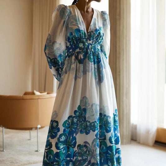 Women's Fashionable Printed V-Neck Long Dress With Puff Sleeves
