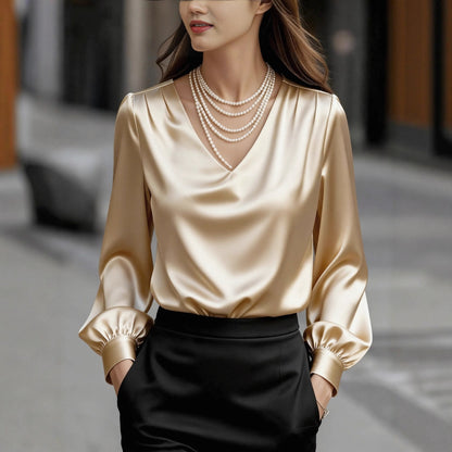 French-style Elegant And Sophisticated Satin Long-sleeve Blouse With Bubble Sleeves And A V-neck