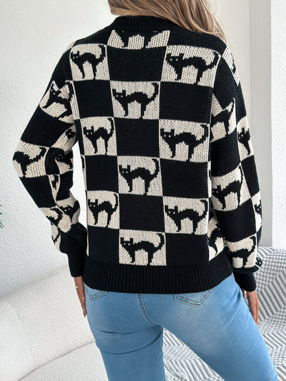 Women Halloween Plaid Lantern Sleeve Long Sleeve Pullover Sweater