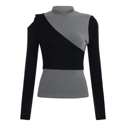 New Color-blocked Mock-neck Slim-fit Top