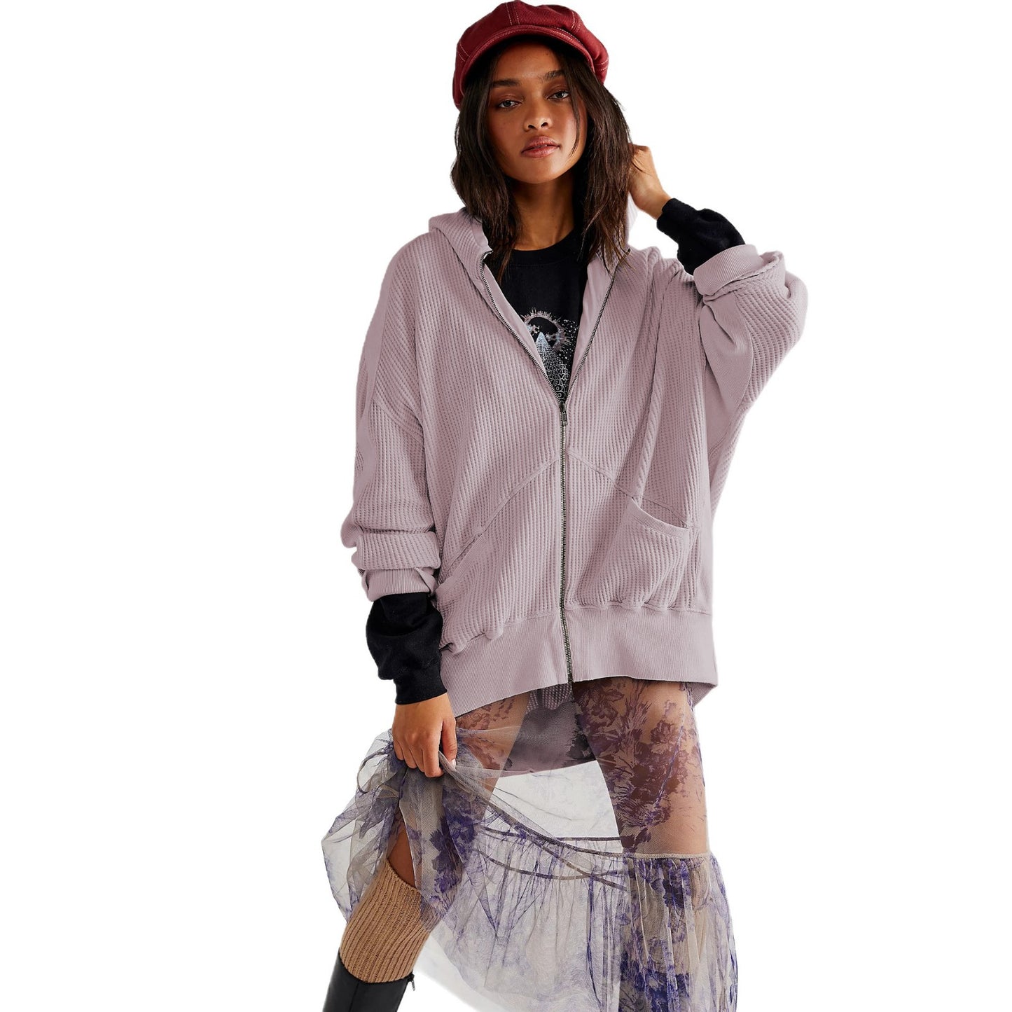 Waffle-knit Cardigan With Zipper Relaxed-fit Women's Hoodie