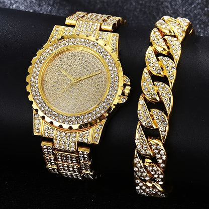 1pc Rhinestone Decor Quartz Watch Luxury Hiphop Analog Wristwatch & 1pc Bracelet, Gift For Xmas Valentine's Day