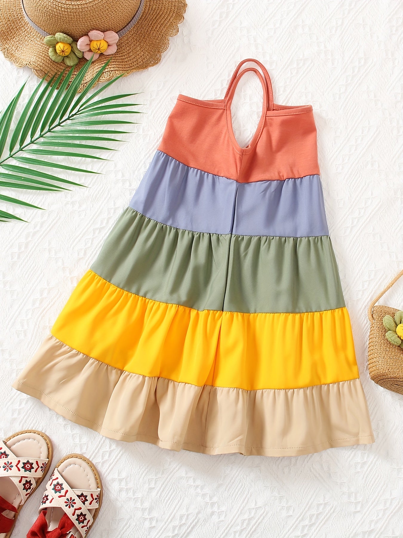 Girls' Spaghetti Strap Color-Blocked Rainbow Cake Dress - Perfect for Outdoor Occasions.