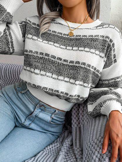 Women Fashion Color Block Long Sleeve Knit Sweater