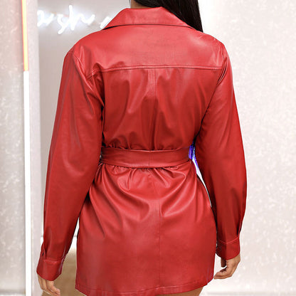 Autumn And Winter Long Sleeve PU Lady Fashion Business Mid-length Business Temperament Coat