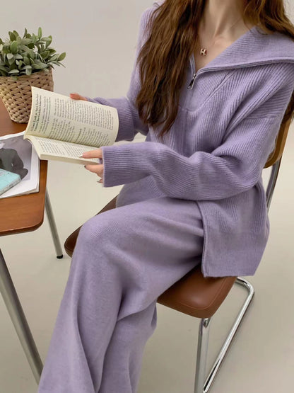 Knitted Zipper Cardigan Wide Leg Pants Solid Color Two-piece Set