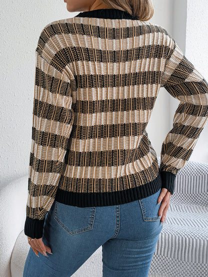Women Round Neck Retro Stripe Lantern Sleeve Long Sleeve Pullover Sweater