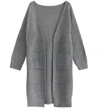 Women's Mid-length Crimped Solid Color Lazy Loose Knit Long-sleeved Sweater Coat