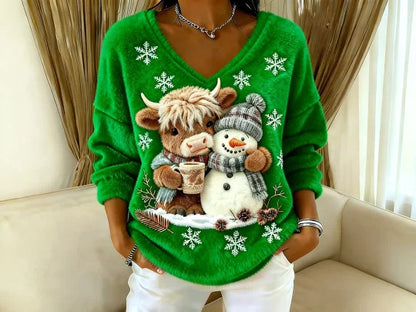 Fashionable Digital-Printed Christmas Women's V-Neck Sweater