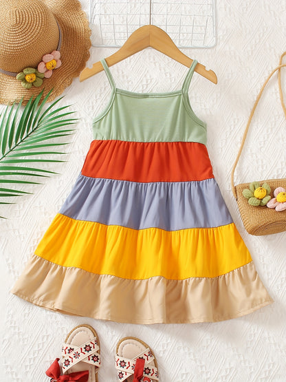 Girls' Spaghetti Strap Color-Blocked Rainbow Cake Dress - Perfect for Outdoor Occasions.