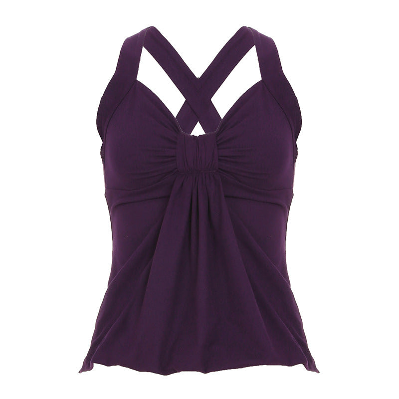 Deep V-neck Strap Pleated Bust Vest Spicy Girl-style Vintage Versatile Figure-hugging Top
