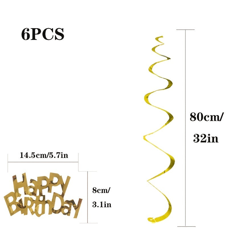 6pcs-Golden, Silvery, Rose Red, Dark Blue, Lake Blue, Rose Golden Birthday Party Spiral Decoration Pendants, Birthday Letter Spiral Decoration