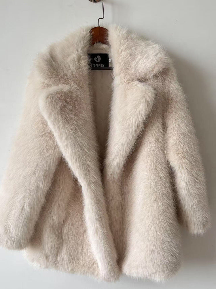 Women's Autumn Winter Warm Notched Collar Mid-Length Fur Coat