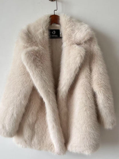 Women's Autumn Winter Warm Notched Collar Mid-Length Fur Coat